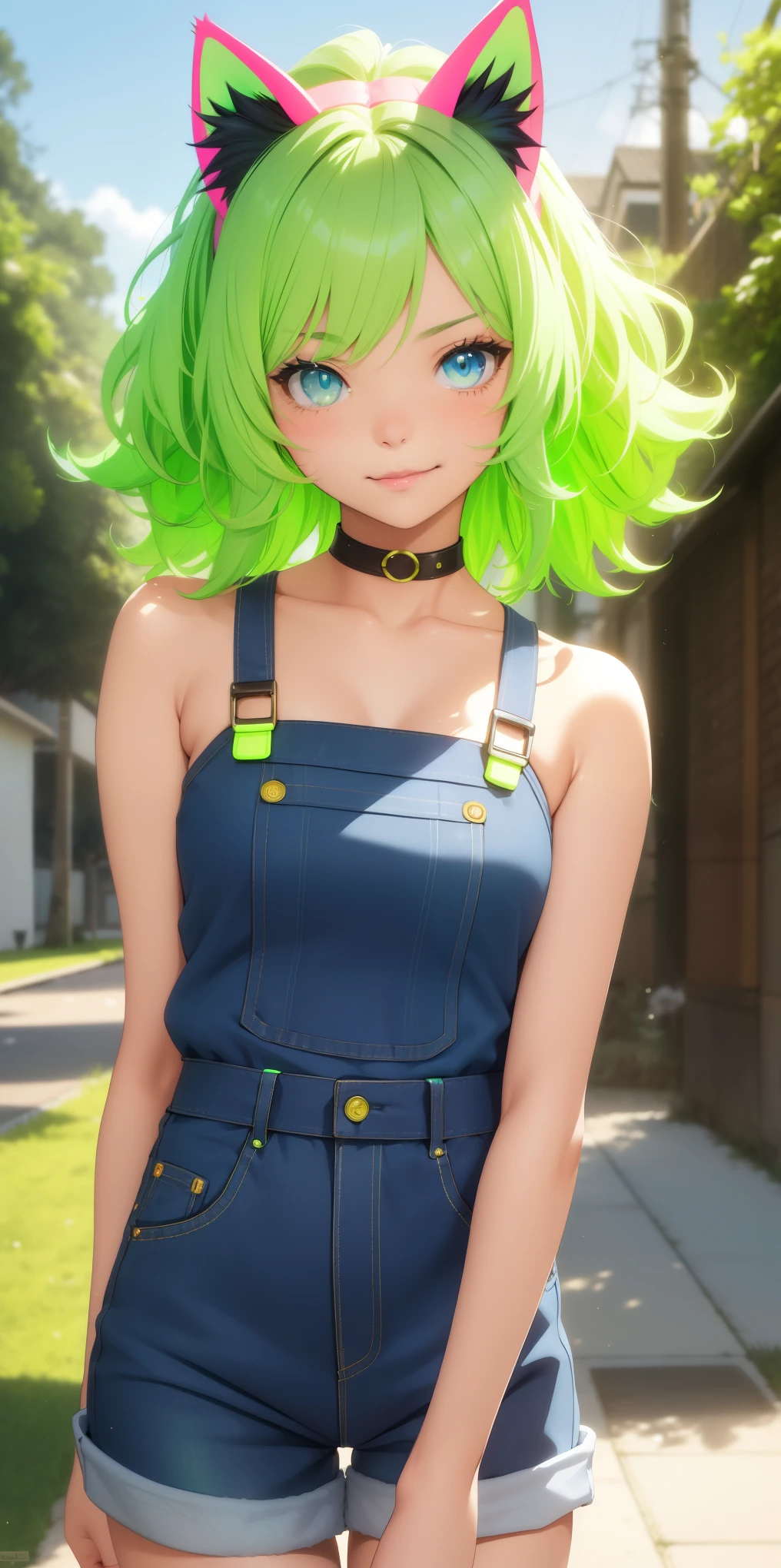 (((1 cat girl ))), ((cat ears)) solo, (((short wavy, neon green hair blown by the wind))), blue eyes, cropped and short kawaii denim jumpsuit, spaghetti strap, short, lace, looking at viewer, luxurious, elegant, extremely detailed, pink lips, smiling, shy, feminine charm, blurry, beautiful sky, trees, sitting garden, butterfly, beautiful flowers, depth of field, shy pose
