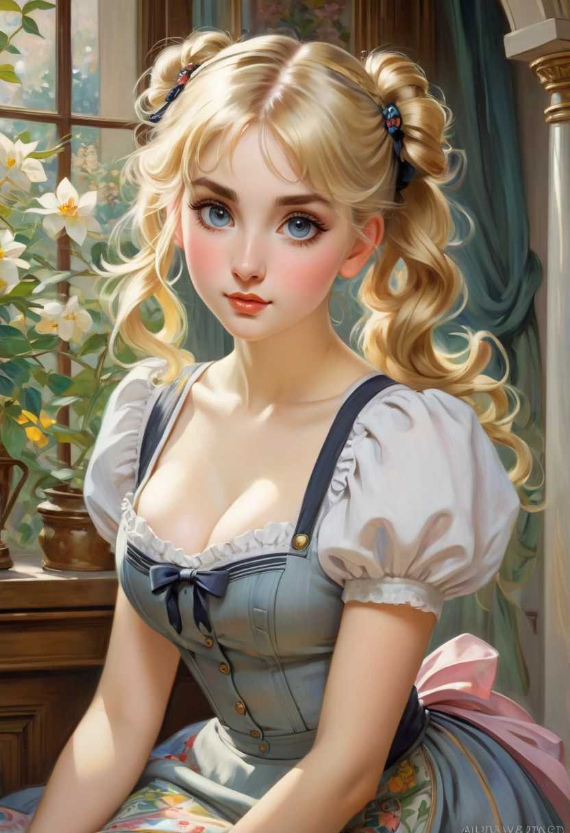 beautiful Maid With Blonde Hair, Big Eyes, Adorable Features, Natural Hourglass Figure, Wearing Pigtails, Fair Skin, And A Low-Cut/Tight Top With A Mini Skirt, Resembling The Beauty Of Alphonse Mucha's Artwork And Impressionist Paintings By Artists Like Konstantin Razumov And Pierre-Auguste Renoir. The Portrait Is Detailed And Textured, Reminiscent Of Claude Monet's Style.