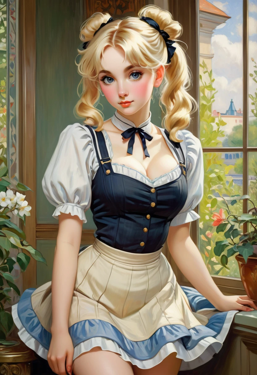 beautiful Maid With Blonde Hair, Big Eyes, Adorable Features, Natural Hourglass Figure, Wearing Pigtails, Fair Skin, And A Low-Cut/Tight Top With A Mini Skirt, Resembling The Beauty Of Alphonse Mucha's Artwork And Impressionist Paintings By Artists Like Konstantin Razumov And Pierre-Auguste Renoir. The Portrait Is Detailed And Textured, Reminiscent Of Claude Monet's Style.