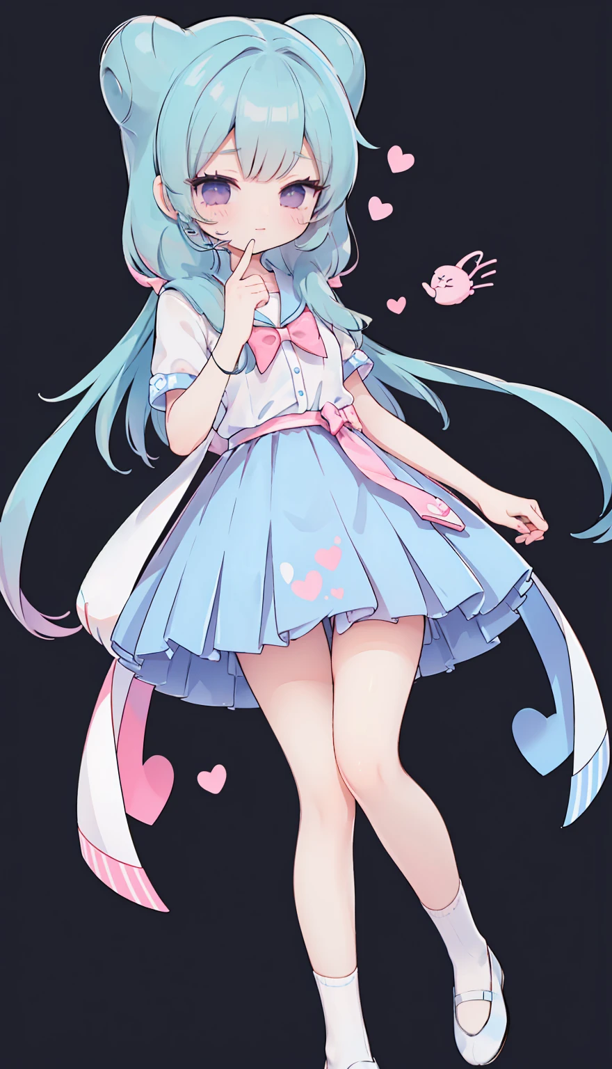 masterpiece, best quality, high resolution, aabeta, double, white simple background, standing, slim waist, cute, sailor uniform, pink bow tie, blue skirt, long socks, (PastelColors: 1.3), full body