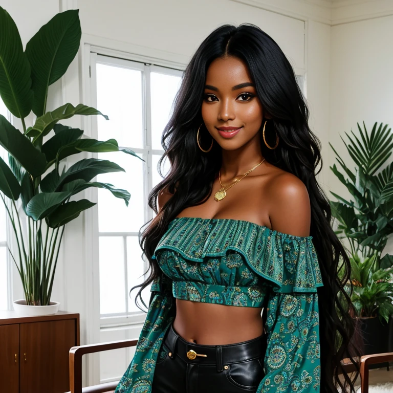 Very long wavy voluminous black hair,  black woman, medium brown skin tone, closed smile, luxury decor, huge living room,room full of plants, printed teal off shoulder crop top, from a distance