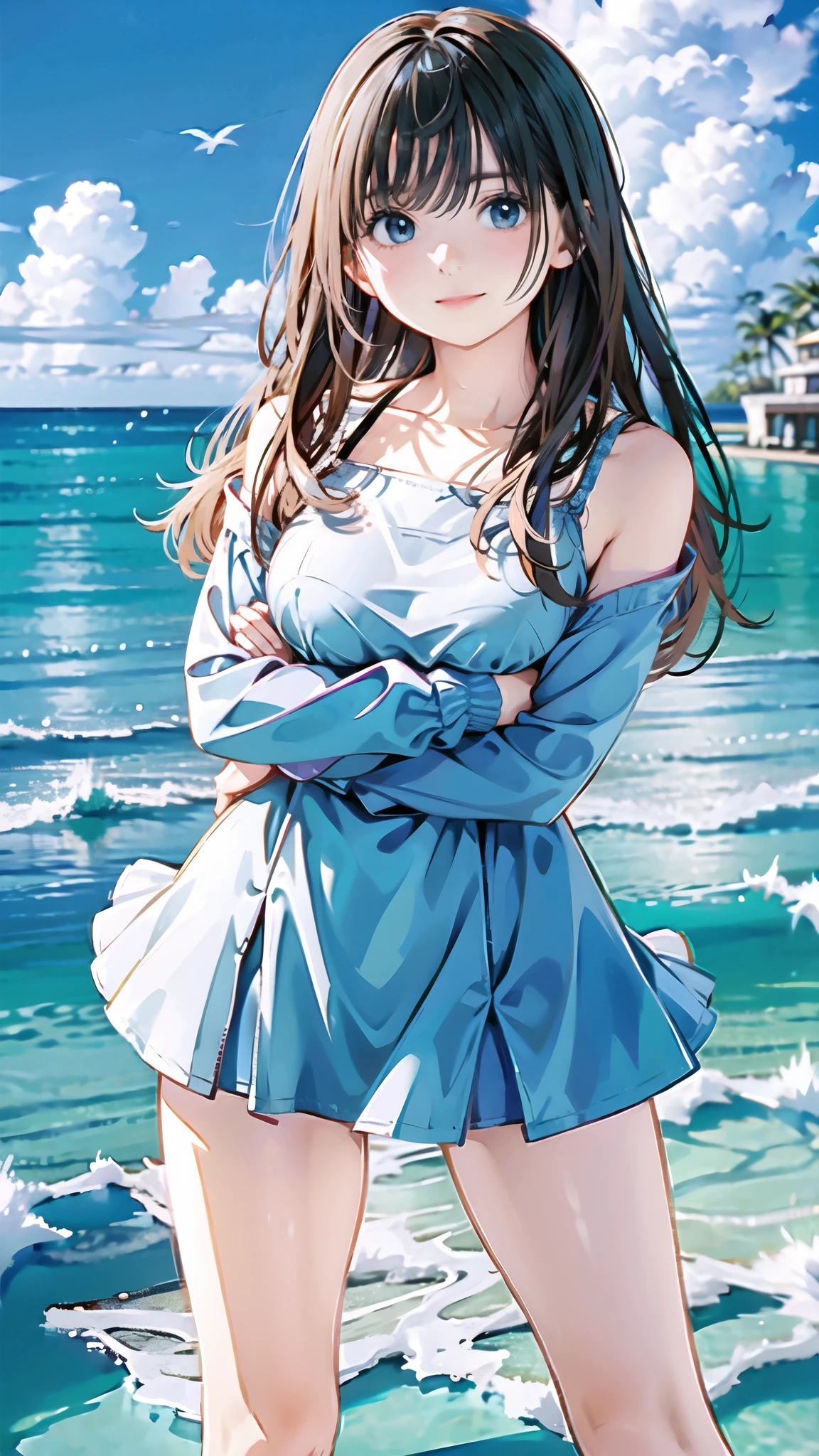 young woman、Ocean、Smile、Exact number of legs、Exact number of arms、