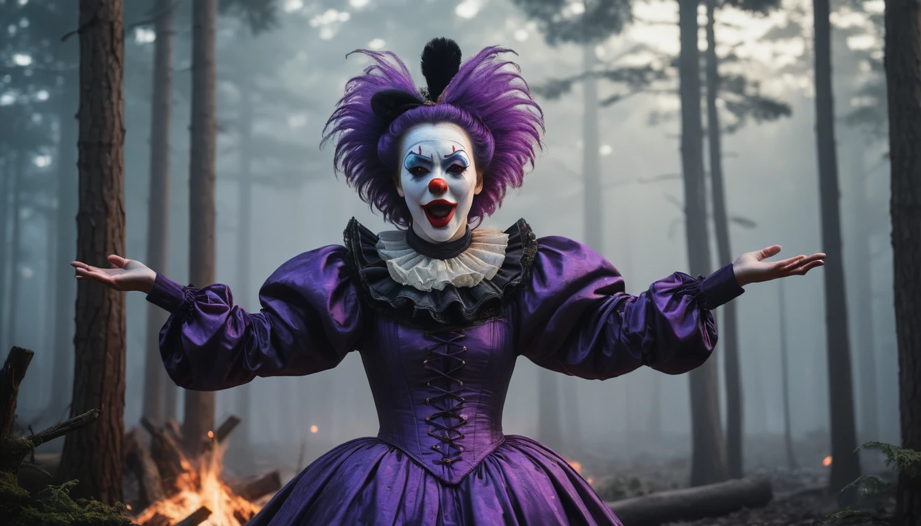 Commercial photography of a beautiful woman clown with mouth opened wide in a pine forest with a circus tent in the background and a camp fire (foggy:1.2), silhouetted in soft shadow, clowns hiding behind trees peaking their heads out to spy on us. (photograph:1.2) , (Purple theme) uhd photorealisitc authentic psychotic angry madman wearing ornate clown costume and intricate voodoo makeup, shoulders, intricate details, vivid colors, frightening surroundings, correct details, in the style of amano, karol bak, akira toriyama, and greg rutkowski , perfect composition, beautiful detailed intricate insanely detailed octane render trending on artstation, 8 k artistic photography, photorealistic concept art, soft natural volumetric cinematic perfect light, chiaroscuro, award - winning photograph, masterpiece, oil on canvas, raphael, caravaggio, greg rutkowski, beeple, beksinski, giger, perfect composition, beautiful detailed intricate insanely detailed octane render trending on artstation, 8 k artistic photography, photorealistic concept art, soft natural volumetric cinematic perfect light, chiaroscuro, award - winning photograph, masterpiece, oil on canvas, raphael, caravaggio, greg rutkowski, beeple, beksinski, giger, (beautiful supermodel:1.1) dancing with arms and hands in the air detailed background bokeh
