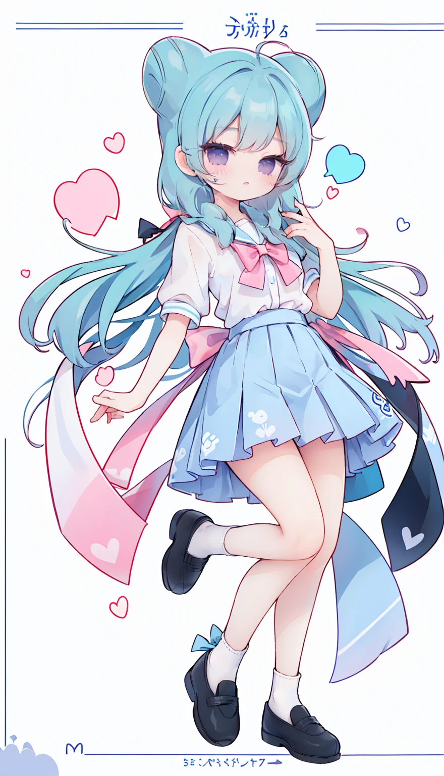 masterpiece, best quality, high resolution, aabeta, double, white simple background, standing, slim waist, cute, sailor uniform, pink bow tie, blue skirt, long socks, (PastelColors: 1.3), full body
