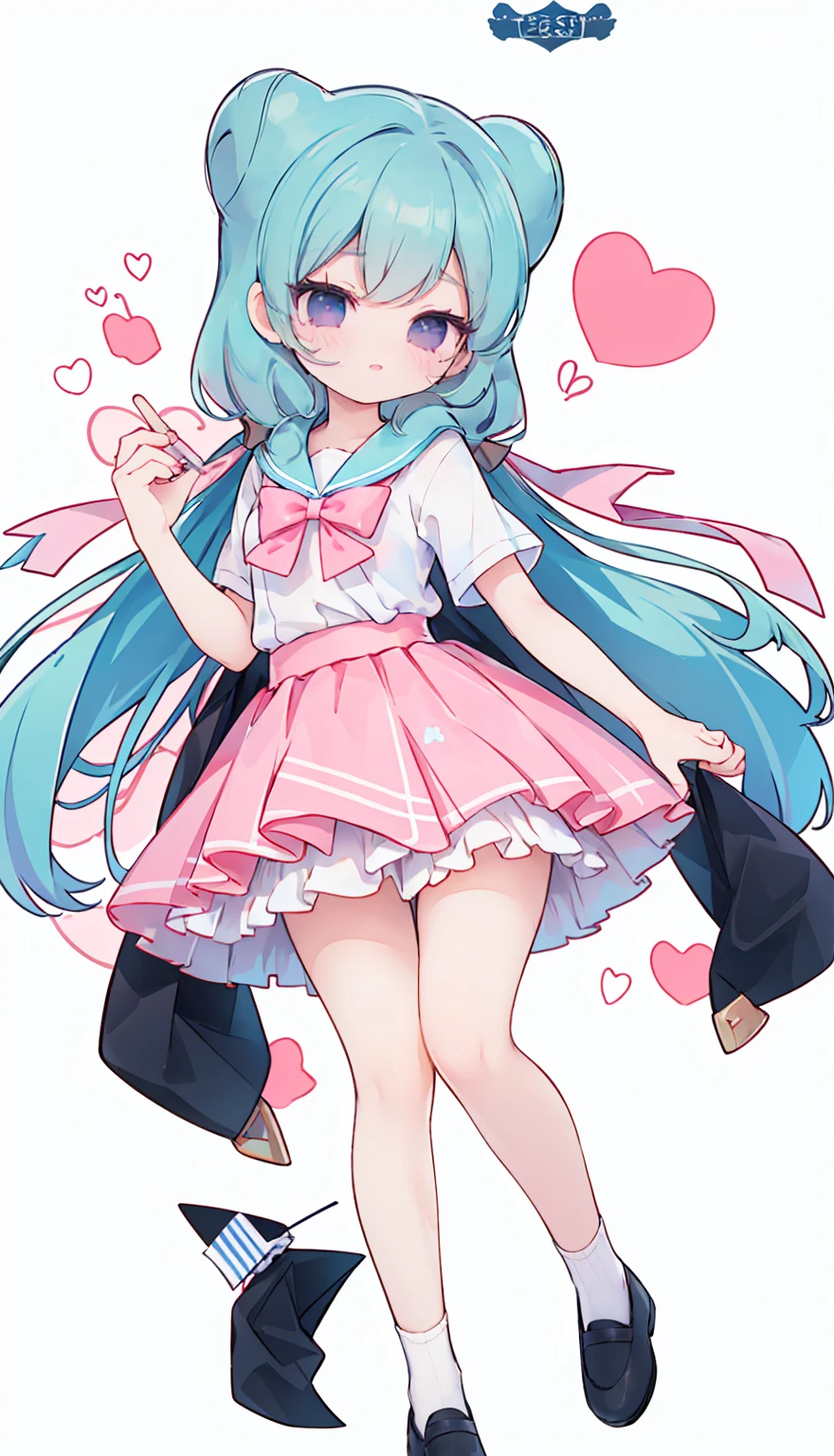 masterpiece, best quality, high resolution, aabeta, double, white simple background, standing, slim waist, cute, sailor uniform, pink bow tie, blue skirt, long socks, (PastelColors: 1.3), full body