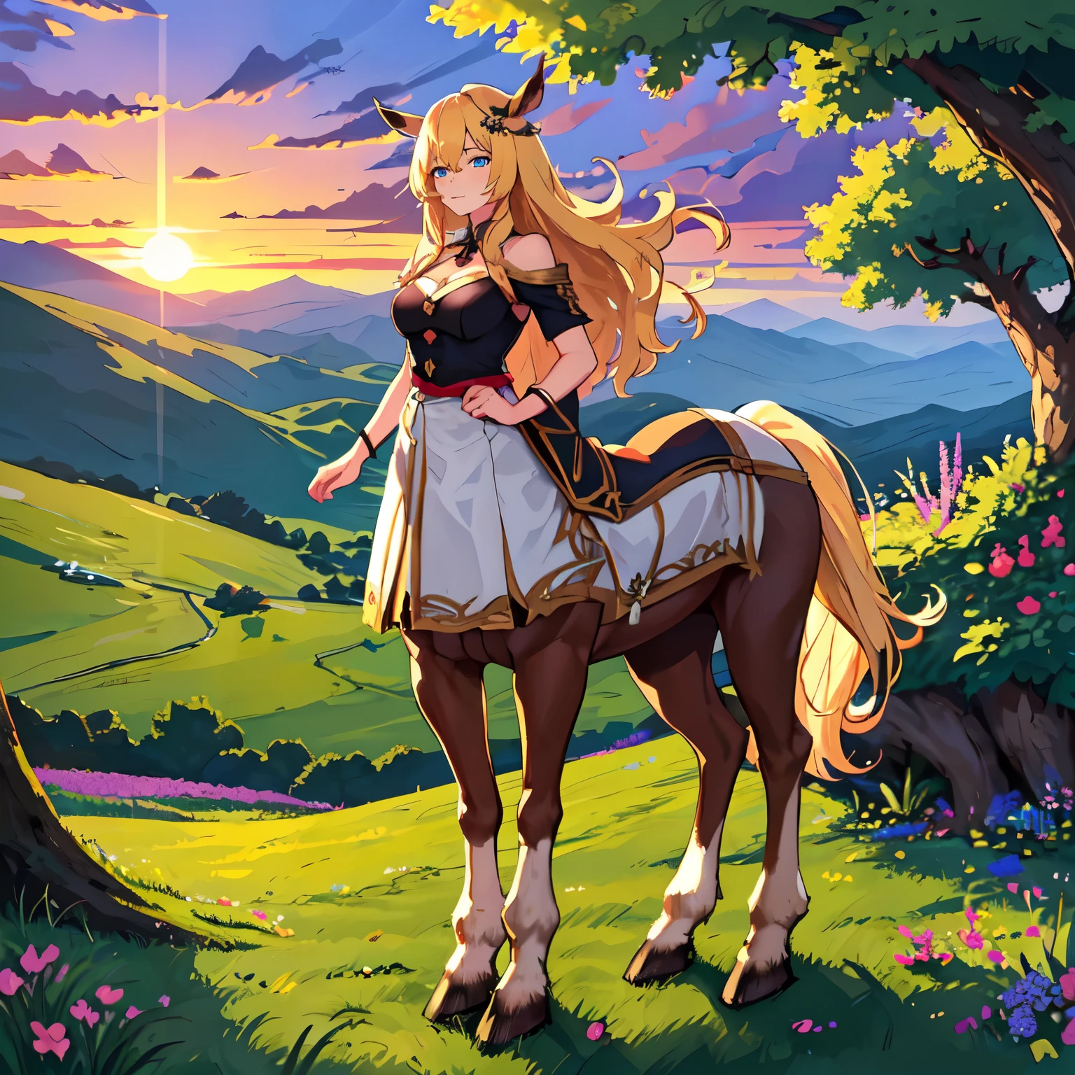 1girl, 8k, highres, best quality, masterpiece, wallpaper, full body, (((feminine clothing))), sunset, ((heaven)), ((white centaur)), ((taur)), detailed scenery, standing, long hair, hooves, detailed eyes, black pupils, blond hair, blue eyes, 