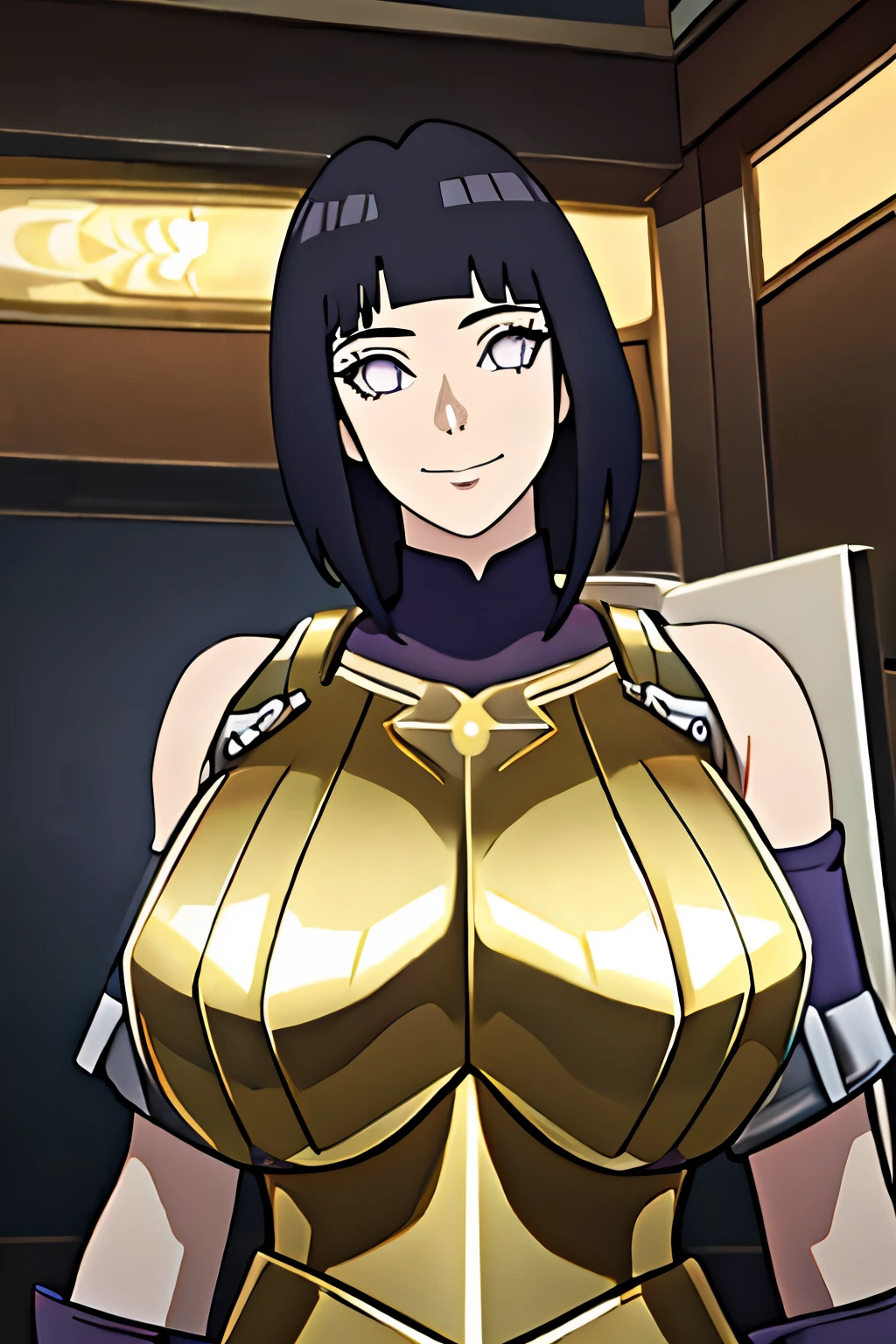 masterpiece, absurdres, hinata\(boruto\), 1girl, solo,mature female, (Wearing shiny gold armor: 1.4)， (Saint Seiya Armor: 1.4), perfect composition, detailed lips, gigantic breast, beautiful face, body propotion, short hair,  purple eyes,  soft gaze,  super realistic, detailed, photoshoot, realistic face and body, (gigantic breasts: 1.1), curvy, cowboy shot, bare shoulders, seductive smile, inside, nightclub