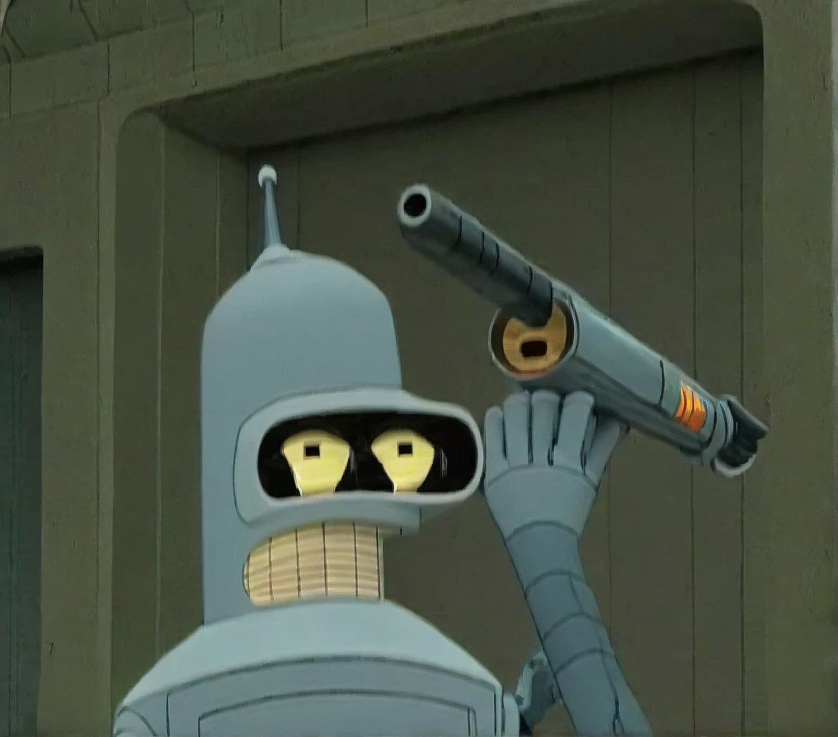 Bender holding Gun in Jacksonville Florida, Gun in your face, Angry and Rage, Style of Futurama 