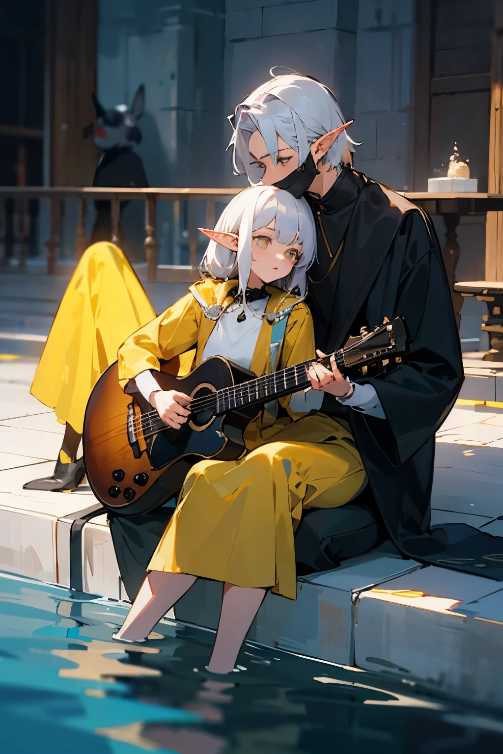 Two persons, a mysterious man with gray har and a black rabbit mask obscuring his identity, dressed in dark clothings, sitting confidently at the edge of a water fountain, on his his side revealing an elf girl with white hair and a vivid yellow outfit her hands poised gracefully as she plays a guitar, while he looks at her playling on his side, he looks in silent without any emotion, as she seems nervous by his presence