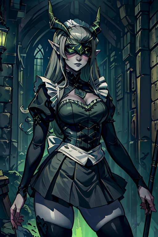 ((masterpiece, best quality)),  absurdres, ,  Shemira_AFK,  pointy ears,  covered eyes,  green glow,  grey skin,  magic,  (maid_costume:1,  skirt:1,  thighhighs),  smug,  upper body,  , contrapposto,  cinematic composition,  dynamic pose, 