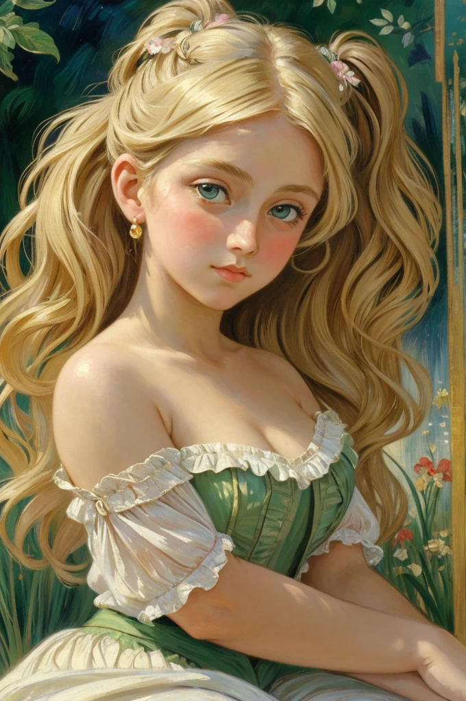 beautiful women With Blonde Hair, Big Eyes, Adorable Features, Natural Hourglass Figure, Wearing Pigtails, Fair Skin, And A Low-Cut/Tight Top With A Mini Skirt, Resembling The Beauty Of Alphonse Mucha's Artwork And Impressionist Paintings By Artists Like Konstantin Razumov And Pierre-Auguste Renoir. The Portrait Is Detailed And Textured, Reminiscent Of Claude Monet's Style.
