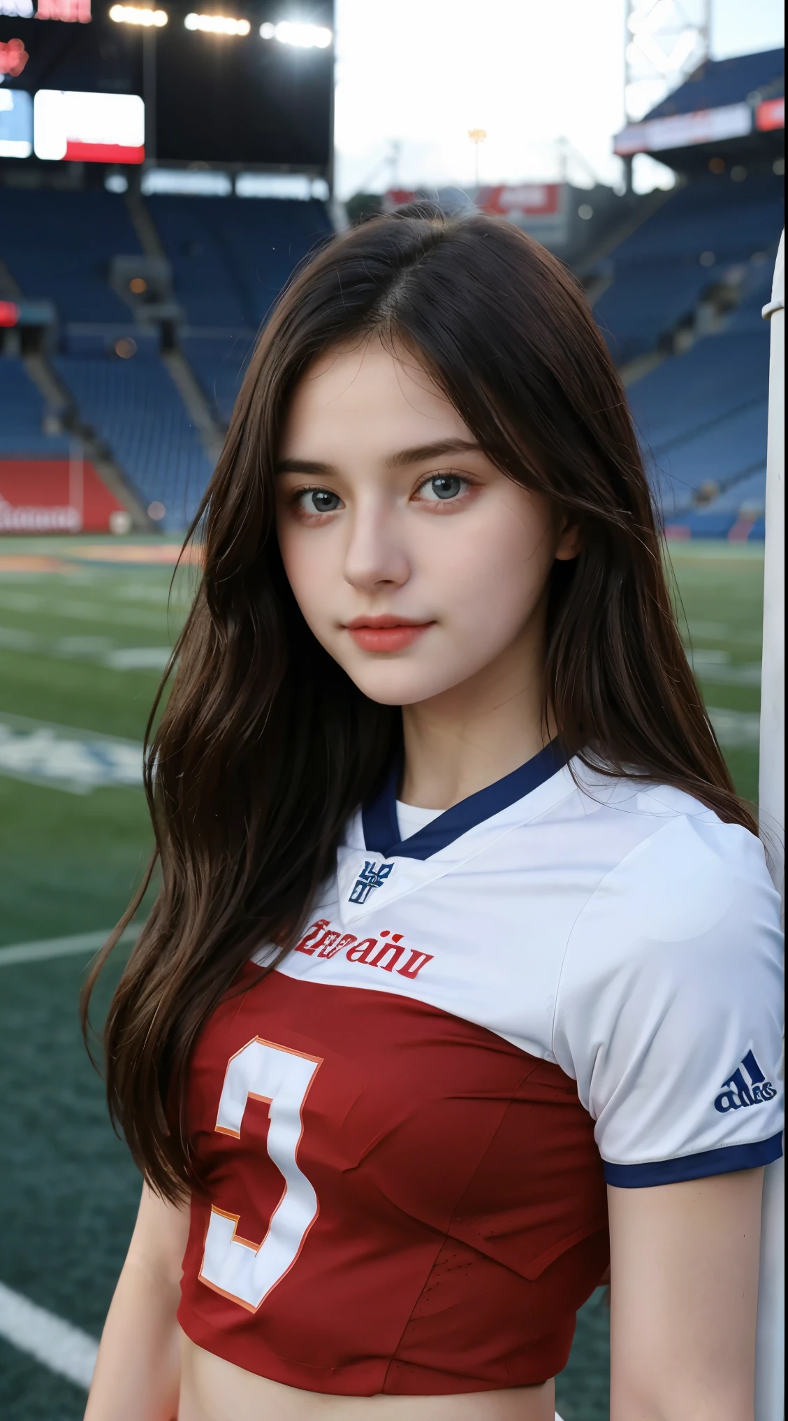 Gorgeus Girl, Beautiful, , 20 Years Old, White Skin, Sexy Pose, red shirt jersey, Blue Eye, Bokeh, football stadium Background, Masterpiece, Fullbody Shot,