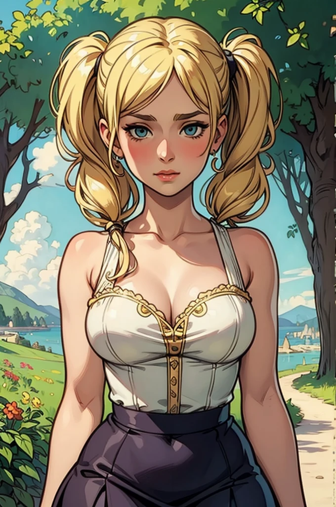 beautiful women With Blonde Hair, Big Eyes, Adorable Features, Natural Hourglass Figure, Wearing Pigtails, Fair Skin, And A Low-Cut/Tight Top With A Mini Skirt, Resembling The Beauty Of Alphonse Mucha's Artwork And Impressionist Paintings By Artists Like Konstantin Razumov And Pierre-Auguste Renoir. The Portrait Is Detailed And Textured, Reminiscent Of Claude Monet's Style.