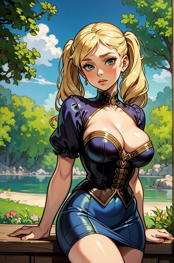 beautiful women With Blonde Hair, Big Eyes, Adorable Features, Natural Hourglass Figure, Wearing Pigtails, Fair Skin, And A Low-Cut/Tight Top With A Mini Skirt, Resembling The Beauty Of Alphonse Mucha's Artwork And Impressionist Paintings By Artists Like Konstantin Razumov And Pierre-Auguste Renoir. The Portrait Is Detailed And Textured, Reminiscent Of Claude Monet's Style.
