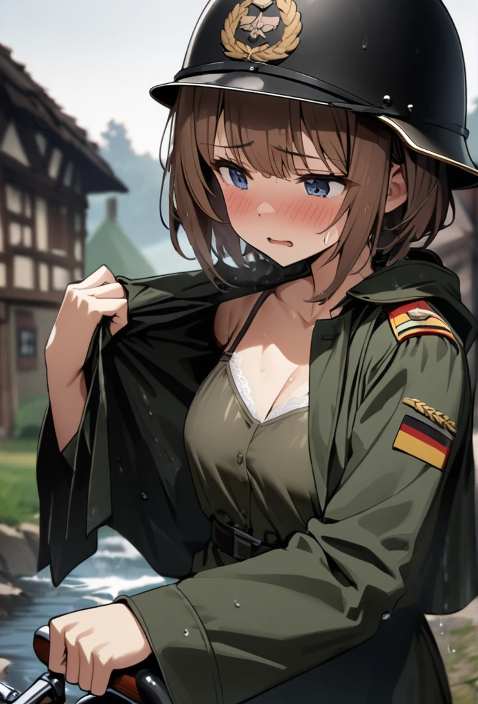 High quality, high definition images, full HD、8k.1 girl solo.old german military uniform,short hair,wear a german military helmet,chestnut hair,
drive a old military motorcycle,military raincoat,A peaceful rural village,In the sky after the rain,Wringing out the jacket, water flowing,Only a bra on her upper body, a panicked face



