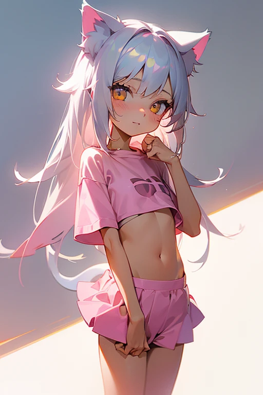 1girl, silver hair, golden eyes with pupils, ((skinny)), ((ite)), small, ((neko)), (cropped solid pastel pink tshirt), long hair, short skirt, (((kid, cat ears, happy, blush, midriff, at school