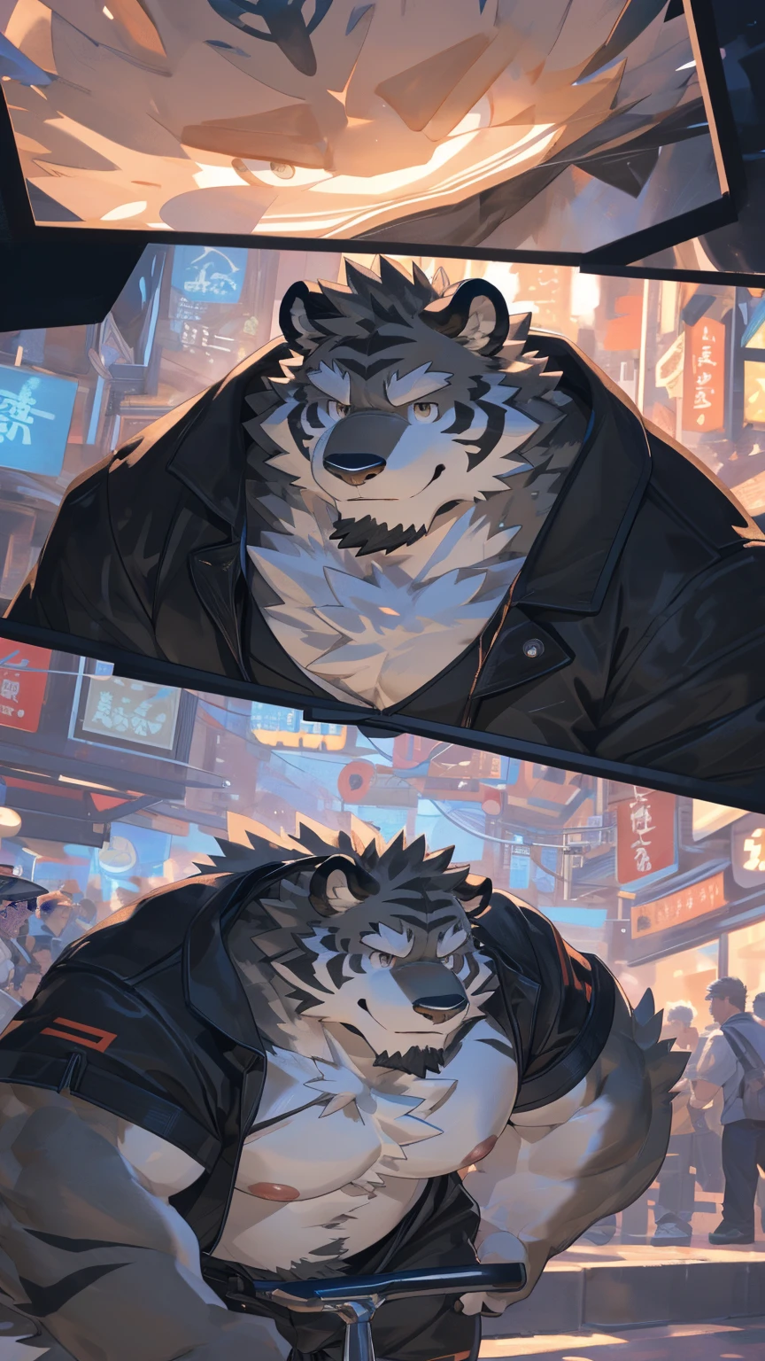 alone, ((fluffy fur, fluffy, hairy body)), detailed fluffy fur, Detailed face, delicate Eye, dynamic poses, (super detailed), sharp focus, Genji, Eye, hairy, (Gray black fur:1.5), White beard, human nature (black tiger), male, middle aged, white belly,Strengthens pectoral muscles,))), (endomorph body type:0.4), Not too fat, rest ,Pedestrian street((exposed breasts, )), ultra Detailed face, high detail, high quality, (best quality,4K,8K,High resolution,masterpiece:1.2), (close up:1.3), author:Takemoto Arashi, by kulplant, author:ghost of emptiness, From raccoon21, dynamic lighting, Smile, (whole body:1.4), looking at the audience, eternal, close up肖像, indoorHigh resolution, Support your abdomen with your hands,Detailed hands