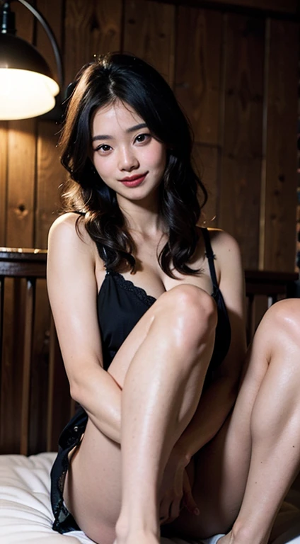 (In 8K、 RAW photo、highest quality,、High resolution),、(hyper realistic)、(realistic),、soft light、、with a girl、lifelike face、realistic body、real looking skin、absurd、masterpiece、cuties、solo、innocent eyes、鬠红、movie theater lighting、cherry color lip、hair 、Close-up、looking at the viewer、 open lips,、upper teeth,、(smiling eyes:0.6)、focus of the eye、professionally lit、CG social trends、plastic en、((黒い長いhair))、((Beautiful woman))、(laughter)、Snazzy、Happy -、fashion magazine、((cinematic lighting))、grin、((mountain hut))、sun、feet、on the bed、underwear、feetを開く、、((No panties:1.5))