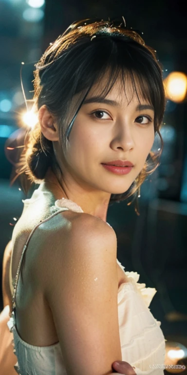 cinematic, Blue hour, (((Ultimate ultra Photorealistic, ultimate high-quality 32k photo))),(((An American shot photo, crossed arms, a42yo ultimate beautiful &cute Japanese actress:))),(((She has a very intelligent and ultimate beautiful Japanese face&black eyes, pointy nose, ultra detailed face, oval face, blushing cheeks, ultimate well-proportioned face with))),((black elegant wet short middle bob, very light naturally makeup)),(((She has the ultimately perfect nice&Sensual proportions, very just fitted v-neck half sleeve white elegant business buttonless Open-collar blouses , white beautiful ultimate realistic glossy wet Japanese lady Fair and beautiful skin , A simple and modest silver necklace,Stormy Summer very Humid and Hot very dark Night ,Tokyo business night street)))