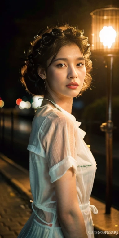 A beautiful woman,woman stands outside, sparkling skin, Ultimate luxury, Reflecting the rain, (standing outside in open next to street light)), the most beautiful woman on earth, (Her hair is long, She shines with natural radiance, radiant skin) , Stylish hairstyle, (sophisticated fashion、stripe、pattern、hollow、lace、colorful), An amazing woman, Perfect body,Medium breasts,thin waist,long legs,Her skin was wet, (Super fine节的夏装, fabric, (backlight)), (highest quality fabric texture), membranous, (surreal , Rainy days, atmosphere ,Soft accent light, Gorgeous Rembrandt style lighting, (Rembrandt Patch)), (highest quality wet fabric texture), matte dress fabrics, Her wet hair, surreal, Decorated with long eyelashes, The color of fireflies, A world of passion. meticulous,(fine grained), (最高細節肌膚紋理桃絨毛耳垂lifelike, water droplets) ○○ res – 超high resolution , The texture is very high (Water highlight resolution), lifelike的 hands and fingers – (lifelike美丽 4k) , 8K,Extreme details, close, She looks at the camera, tease, Her perfectly sculpted lips, lifelike, Highly realistic and natural lips. she is a, Vermeer, a work of art, Tempting. pamper.Solo woman, (highest quality fabric texture), Light-colored hair, every detail,Exquisite facial features, Masterpiece – Masterpiece ○○ Quality – (best quality) ,Leica film, High quality ○○ detailed – ○○ super detailed(Super fine ), lifelike的, Very detailed(Very detailed) , meticulous, (最高细节water dropletslifelike)○○ 解析度 – ○○ 解析度超high resolution(high resolution)