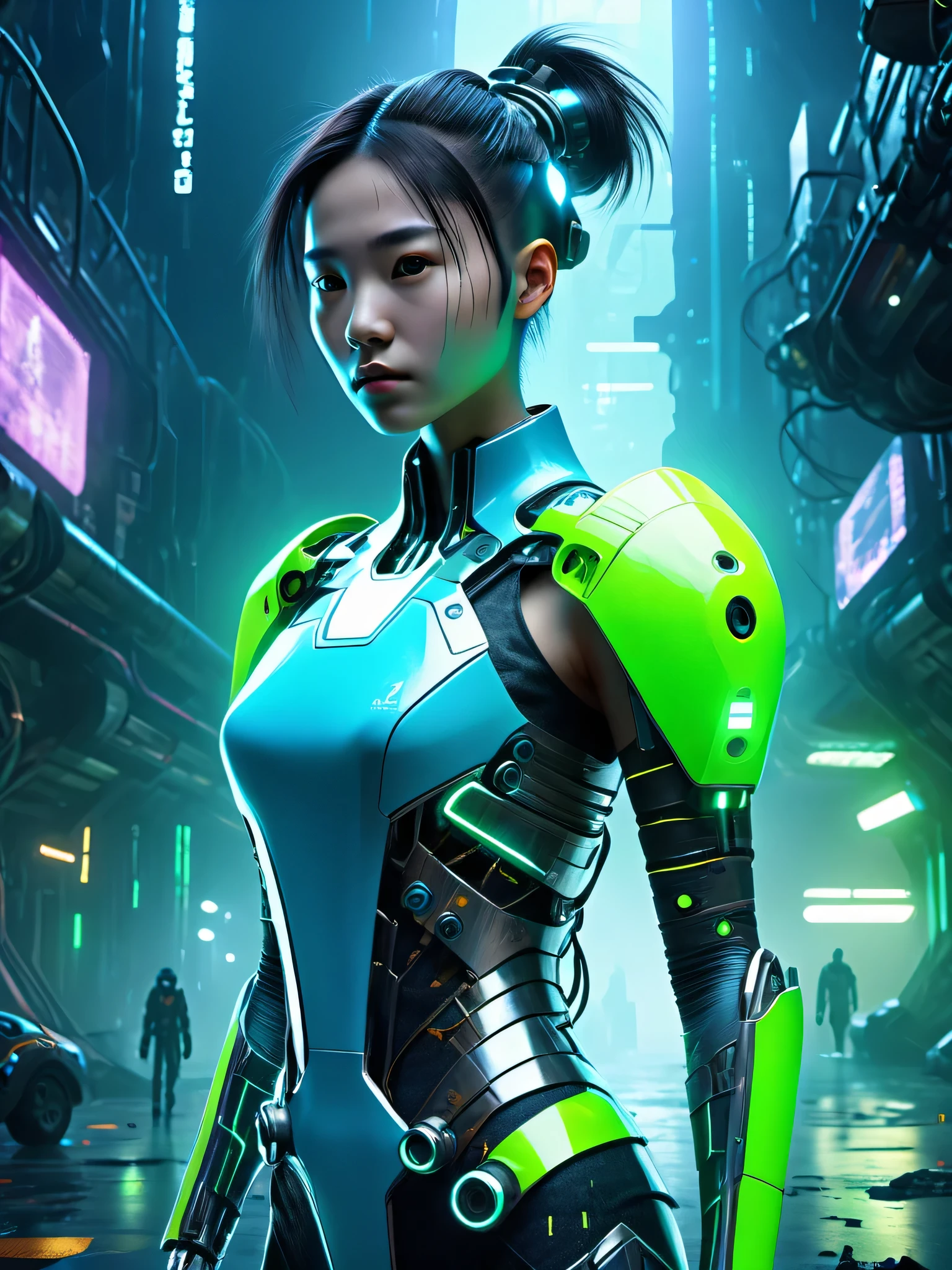 （Best quality，4K，8K，Tall structures，tmasterpiece：1.2），hyper-detailing，（realistically，photoreali，photoreali：1.37），ung asian cute girl, white top bun hairstyle, cyber punk personage，cyborg and human hybrid, perfect face，perfect body, full body view, neonlight，dark and gritty atmosphere，Luminous implants，Sci-fi fashion，Reflective surfaces，Heavy rain and fog，Substantially modified body parts，Electric blue and neon green color scheme、cybernetically enhanced、Seamless fusion of human and cyborg characteristics，Amazing stature，sparks flying，Technological progress，Impressive warping and marking，Snorkel and oxygen mask，criminal gang&#39;secret underground lab，Contrast of natural and man-made elements，Technology implants blend seamlessly into the body，Metal and chrome trim，Corroded and rusted structures, Digital display failure，Persistent sense of danger and uneasiness。