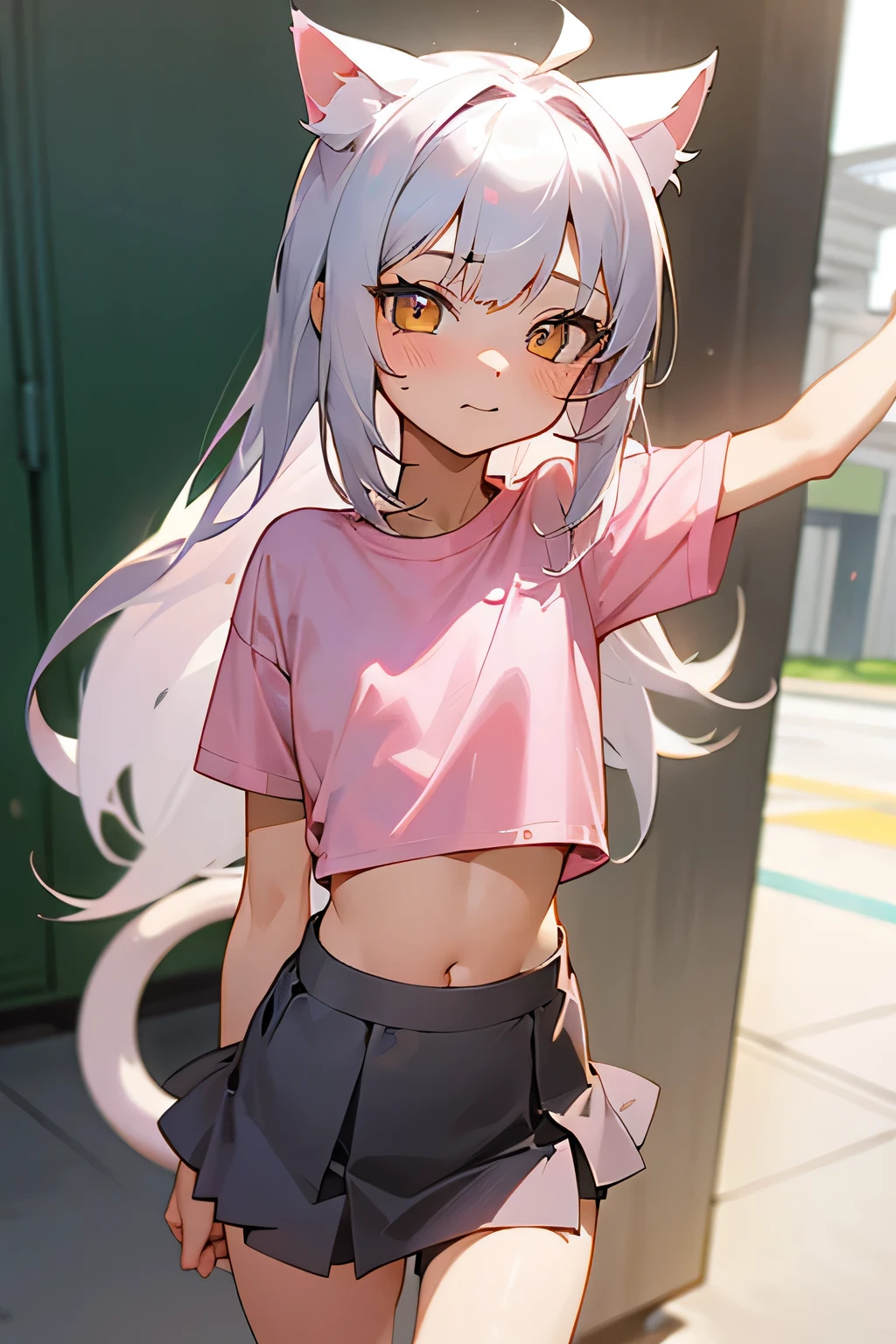 1girl, silver hair, golden eyes with pupils, ((skinny)), ((petite)), small, ((neko)), (cropped solid pastel pink tshirt), long hair, short skirt, (((kid))), cat ears, happy, blush, midriff, at school