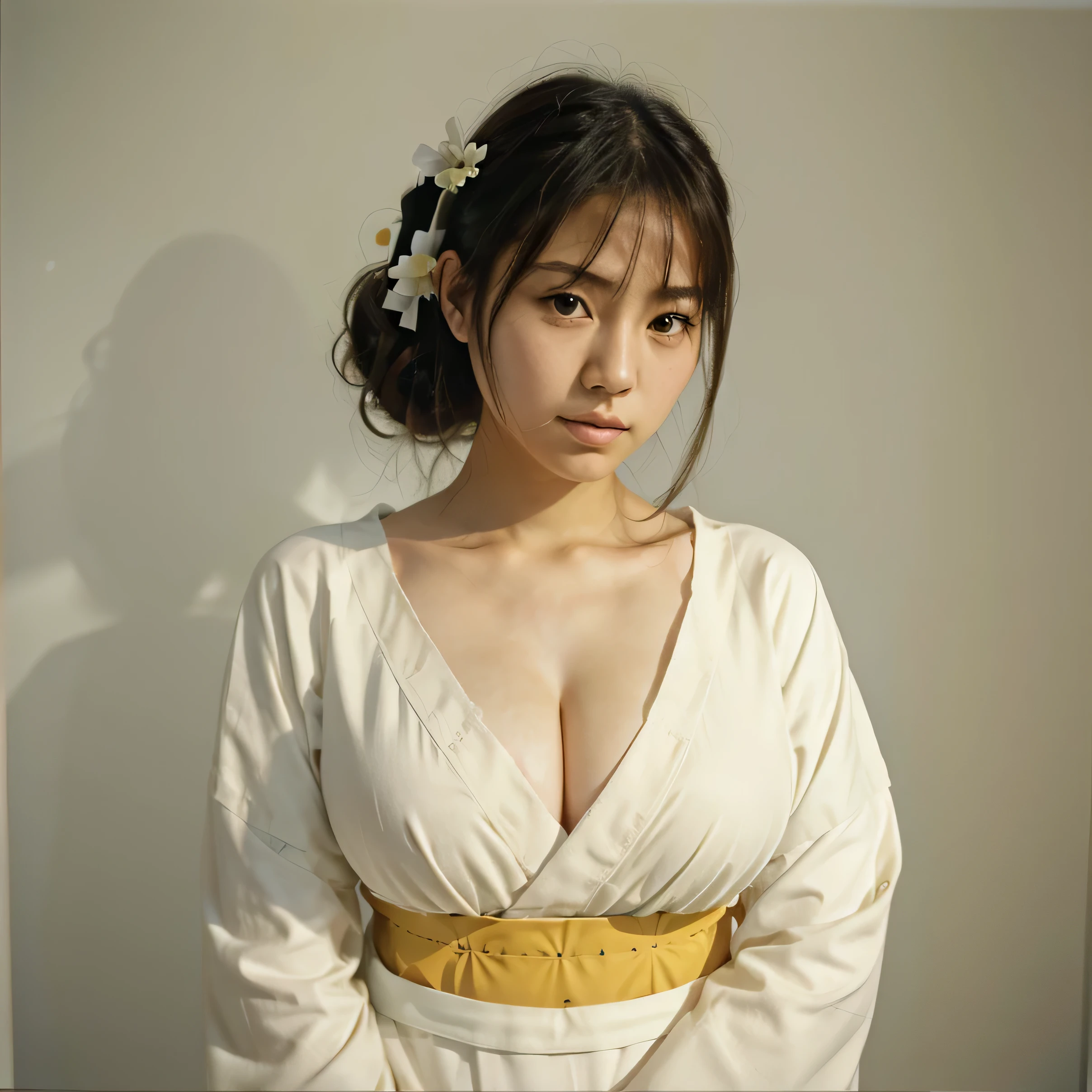half body portrait of a very young Japanese girl Amanda Martine with large natural breasts shot on Kodak gold 400 film, white studio wall, facing forward, holding a pencil (Japanese girl Amanda Martine), wearing kimono
