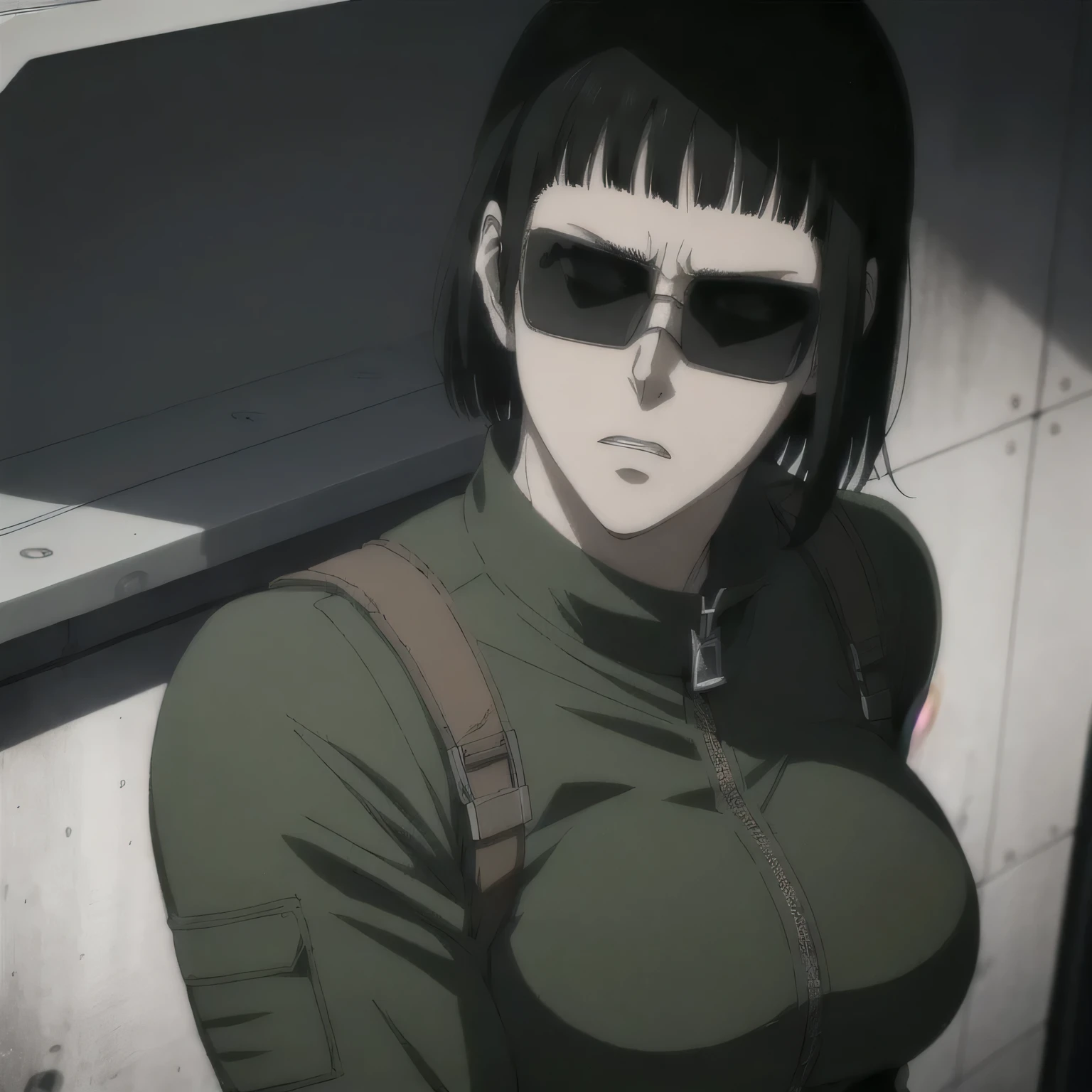 (best quality,ultra-detailed,realistic:1.37),musclaur badass girl Sunglasses wearing s.w.a.t suits, full review of the female character's face and body, intense expression, strong and confident posture, studio lighting, vivid colors, physiologically-based rendering, grungy texture, rugged background, dust particles in the air, commanding presence, professional, powerful, gritty aesthetics,,Valmet،short hair,