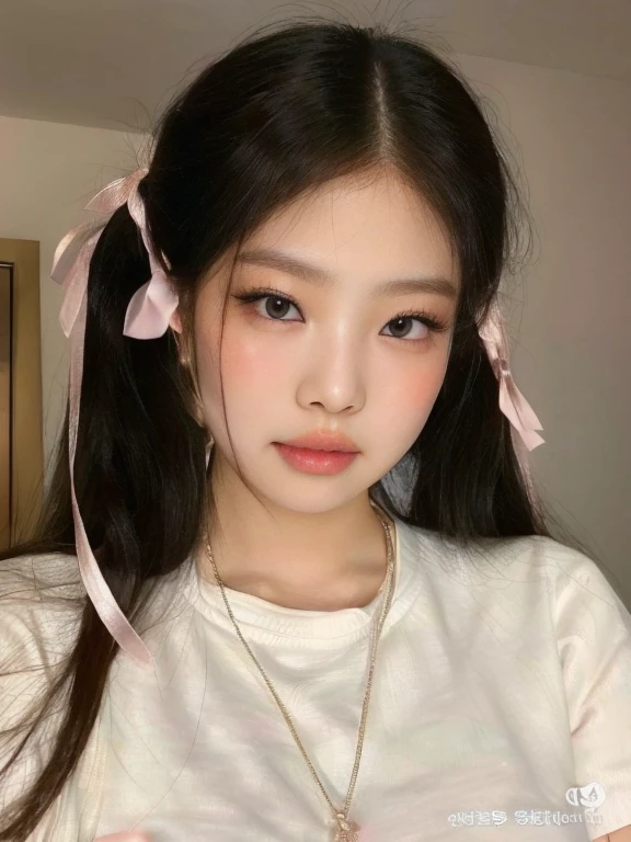Jennie from Blackpink face, ultra hd, 8k, big, juicy doll lips,  with pink bows, asian face 