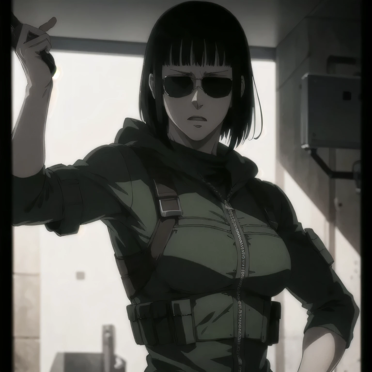 (best quality,ultra-detailed,realistic:1.37),musclaur badass girl Sunglasses wearing s.w.a.t suits, full review of the female character's face and body, intense expression, strong and confident posture, studio lighting, vivid colors, physiologically-based rendering, grungy texture, rugged background, dust particles in the air, commanding presence, professional, powerful, gritty aesthetics,,Valmet،short hair,