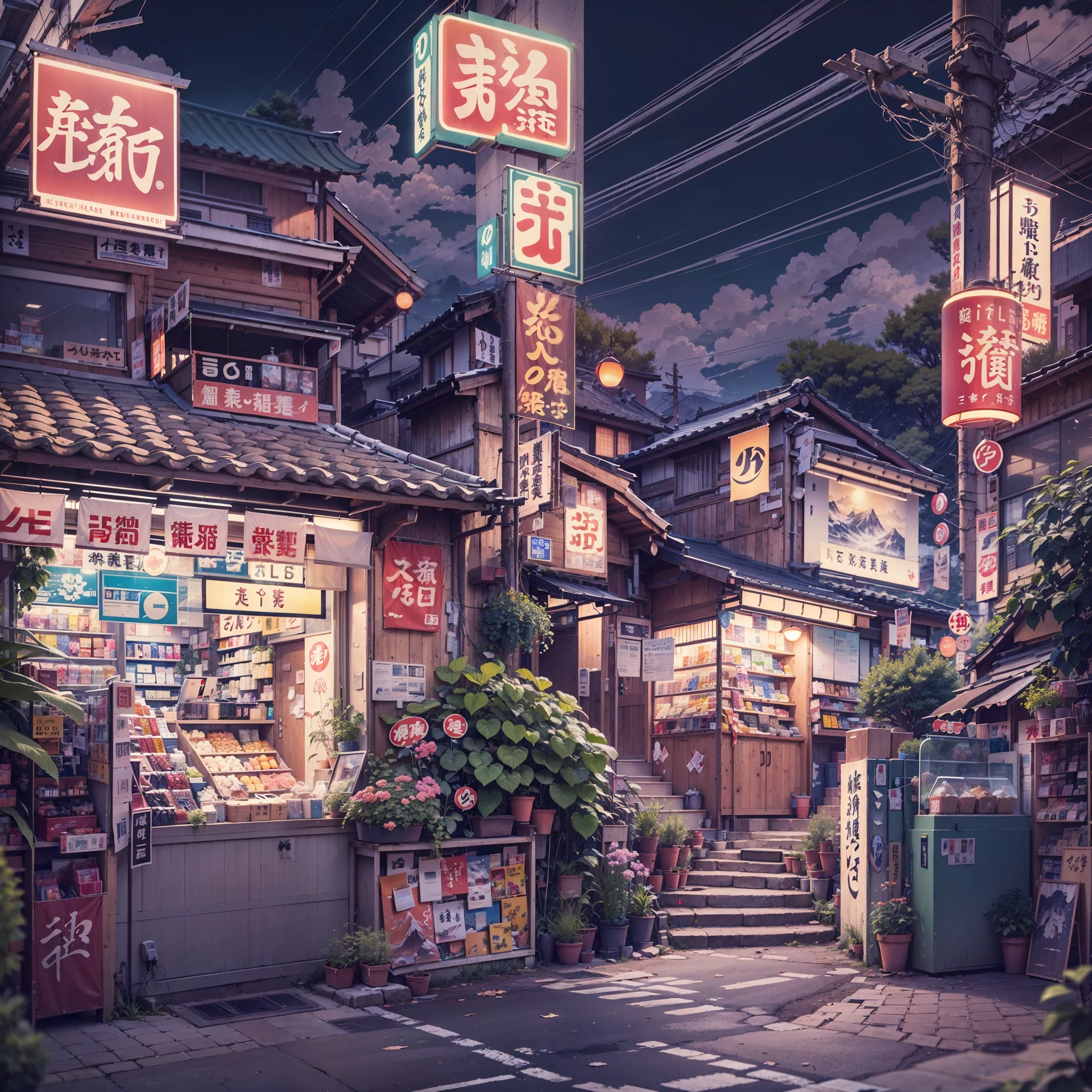 anime background, anime wallpaper, anime, anime style, lofi, lofi style, modern japanese street, mountains, uphill, modern japanese architecture, japanese convenience store, big retro japanese shop signs, retro japanese store, trees, plants, rocks, plant pots, shop signs, japanese banners, japanese signs, flags, empty street, no one in sight, (no one: 1), best quality, wide view, street going uphill, buildings tight together, night time, night
