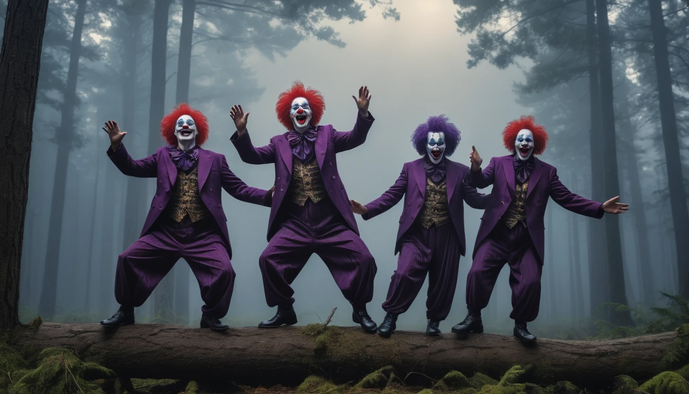 Commercial photography of 3 clowns with mouths opened wide dancing with arms and hands in the air while standing on top of a tree trunk in a pine forest with a circus tent in the background (foggy:1.2), silhouetted in soft shadow, clowns hiding behind trees peaking their heads out to spy on us. (photograph:1.2) , (Purple theme) uhd photorealisitc authentic psychotic angry madman wearing ornate clown costume and intricate voodoo makeup, shoulders, intricate details, vivid colors, frightening surroundings, correct details, in the style of amano, karol bak, akira toriyama, and greg rutkowski , perfect composition, beautiful detailed intricate insanely detailed octane render trending on artstation, 8 k artistic photography, photorealistic concept art, soft natural volumetric cinematic perfect light, chiaroscuro, award - winning photograph, masterpiece, oil on canvas, raphael, caravaggio, greg rutkowski, beeple, beksinski, giger, perfect composition, beautiful detailed intricate insanely detailed octane render trending on artstation, 8 k artistic photography, photorealistic concept art, soft natural volumetric cinematic perfect light, chiaroscuro, award - winning photograph, masterpiece, oil on canvas, raphael, caravaggio, greg rutkowski, beeple, beksinski, giger, (beautiful supermodel:1.1) dancing with arms and hands in the air detailed background bokeh