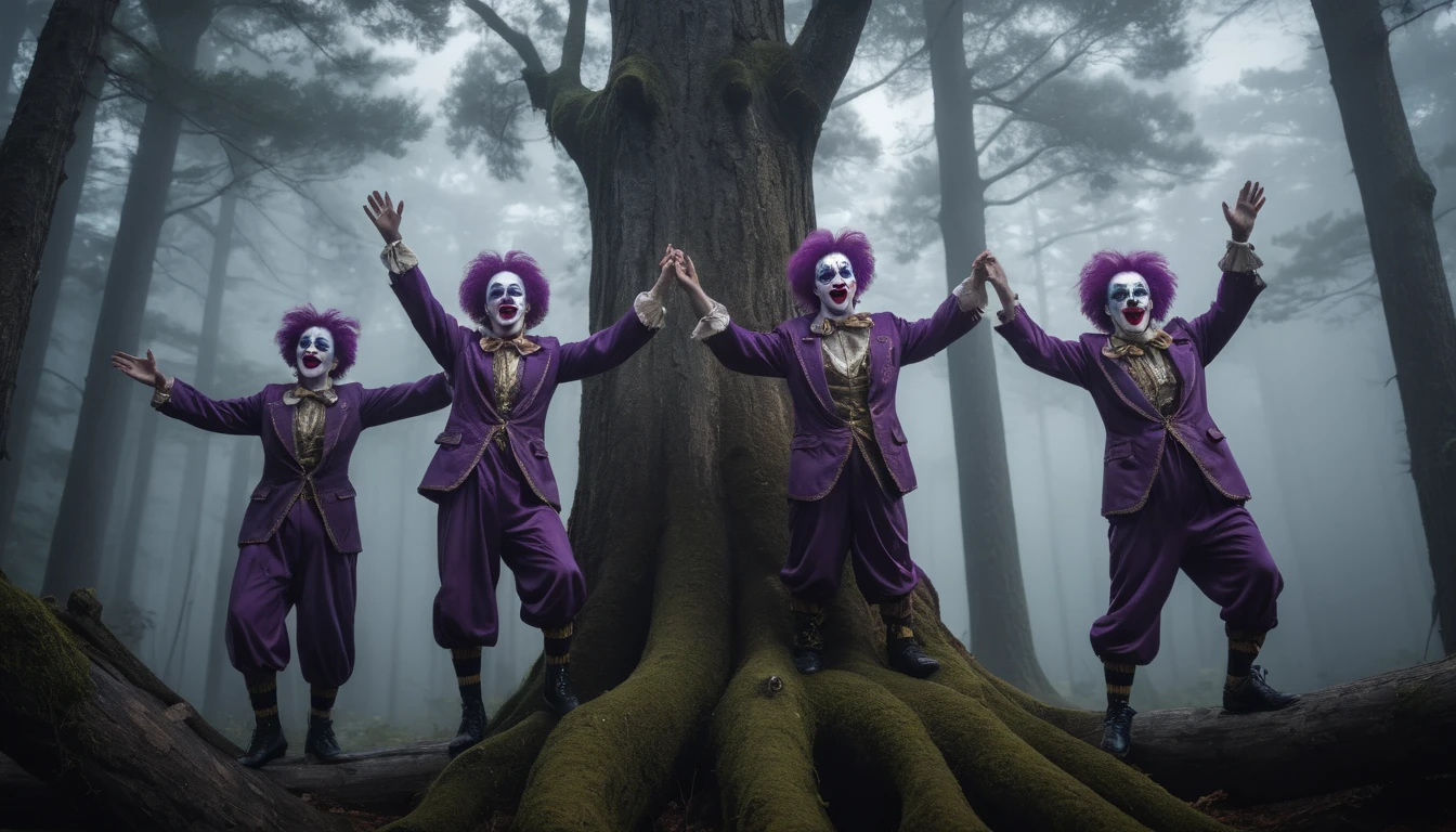 Commercial photography of 3 clowns with mouths opened wide dancing with arms and hands in the air while standing on top of a tree trunk in a pine forest with a circus tent in the background (foggy:1.2), silhouetted in soft shadow, clowns hiding behind trees peaking their heads out to spy on us. (photograph:1.2) , (Purple theme) uhd photorealisitc authentic psychotic angry madman wearing ornate clown costume and intricate voodoo makeup, shoulders, intricate details, vivid colors, frightening surroundings, correct details, in the style of amano, karol bak, akira toriyama, and greg rutkowski , perfect composition, beautiful detailed intricate insanely detailed octane render trending on artstation, 8 k artistic photography, photorealistic concept art, soft natural volumetric cinematic perfect light, chiaroscuro, award - winning photograph, masterpiece, oil on canvas, raphael, caravaggio, greg rutkowski, beeple, beksinski, giger, perfect composition, beautiful detailed intricate insanely detailed octane render trending on artstation, 8 k artistic photography, photorealistic concept art, soft natural volumetric cinematic perfect light, chiaroscuro, award - winning photograph, masterpiece, oil on canvas, raphael, caravaggio, greg rutkowski, beeple, beksinski, giger, (beautiful supermodel:1.1) dancing with arms and hands in the air detailed background bokeh