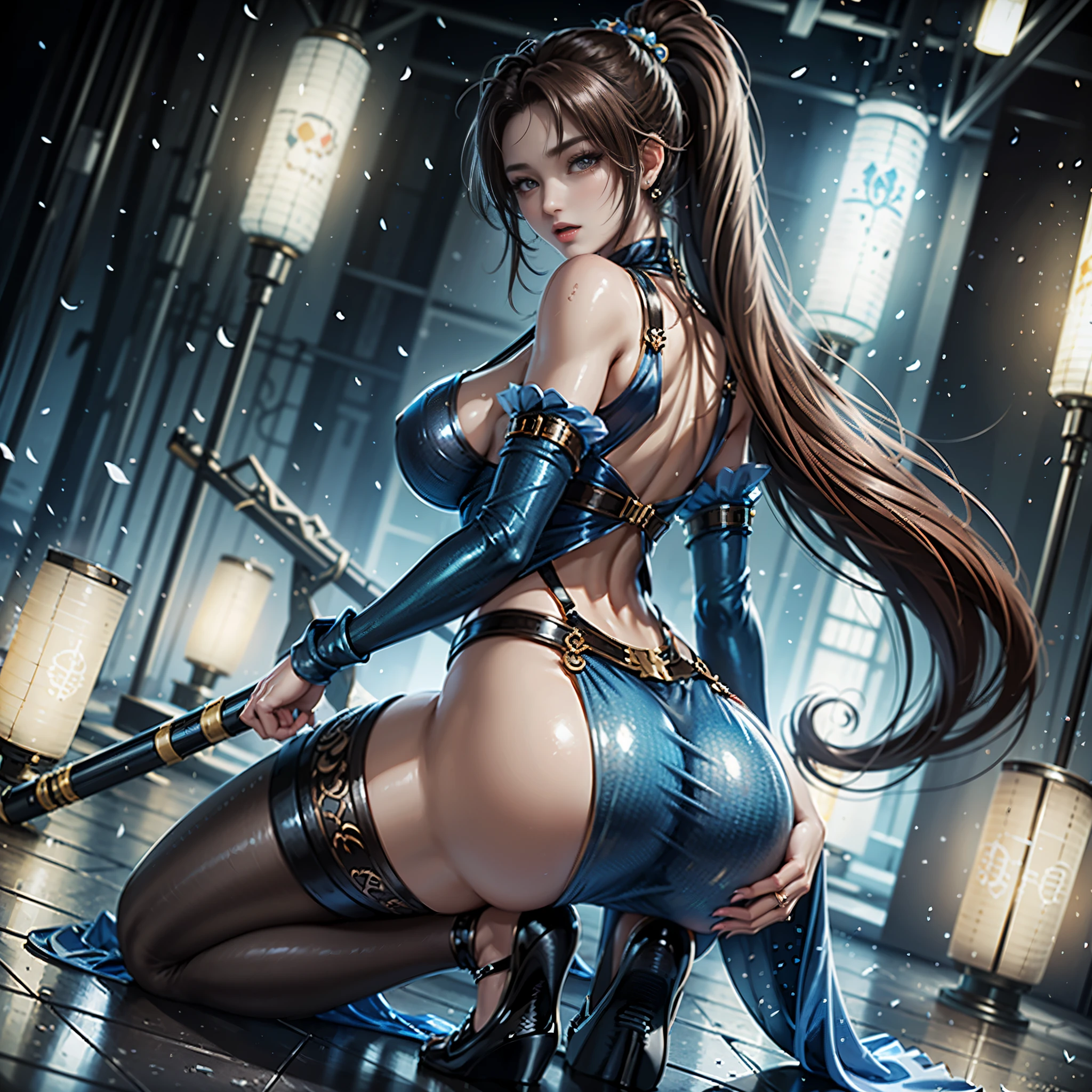 Girl from the future,full body image,Elegant and upright posture,Turn your back to the camera,Wielding a glowing blue lightsaber,Demonstrating endless courage and strength。She has thick long brown hair,High Ponytail,Vibrant and dynamic。Wearing blue plastic textured clothes and tight skirt,Pair with pantyhose and high heels,Show unique fashion charm。The background is deep black,Decorated with square floor tiles,Adds a sense of future。Ring light tube surrounds the,It creates a mysterious and dreamy atmosphere。The style needs to combine master-level skills and professional level,The colors are vivid and contrasting,Light processing requires meticulous attention to detail,Highlight the girl's silhouette and the edge of the lightsaber。The overall picture needs to be high definition,High-quality,Showing a strong visual impact,Become an eye-catching hit work。