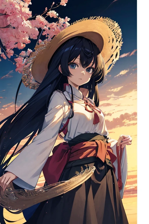 Anime girl with long black hair wearing a straw hat, 4K anime style, Beautiful anime picture, Anime mo art style, Anime art wallpaper 4k, Anime art wallpaper 4k, High quality anime art style, Anime style image, Strong, artwork in the style of Strong, Detailed digital animation art, Anime art wallpaper 8k, Pictures of cute anime girls