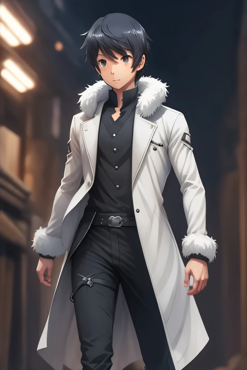 young man in a white coat, obra maestra, high resolution,top-calidad,top-calidad real texture skin, increase resolution, Fotos CRUDAS, la mejor calidad, muy detallado, solo, (dynamic full body pose), noche oscura, llamas, (best quality, 4k ,highres, masterpiece:1.2),ultra-detailed, touya de isekai wa smartphone, robotic eyes, detailed fantasy art, cuerpo completo, fondo negro