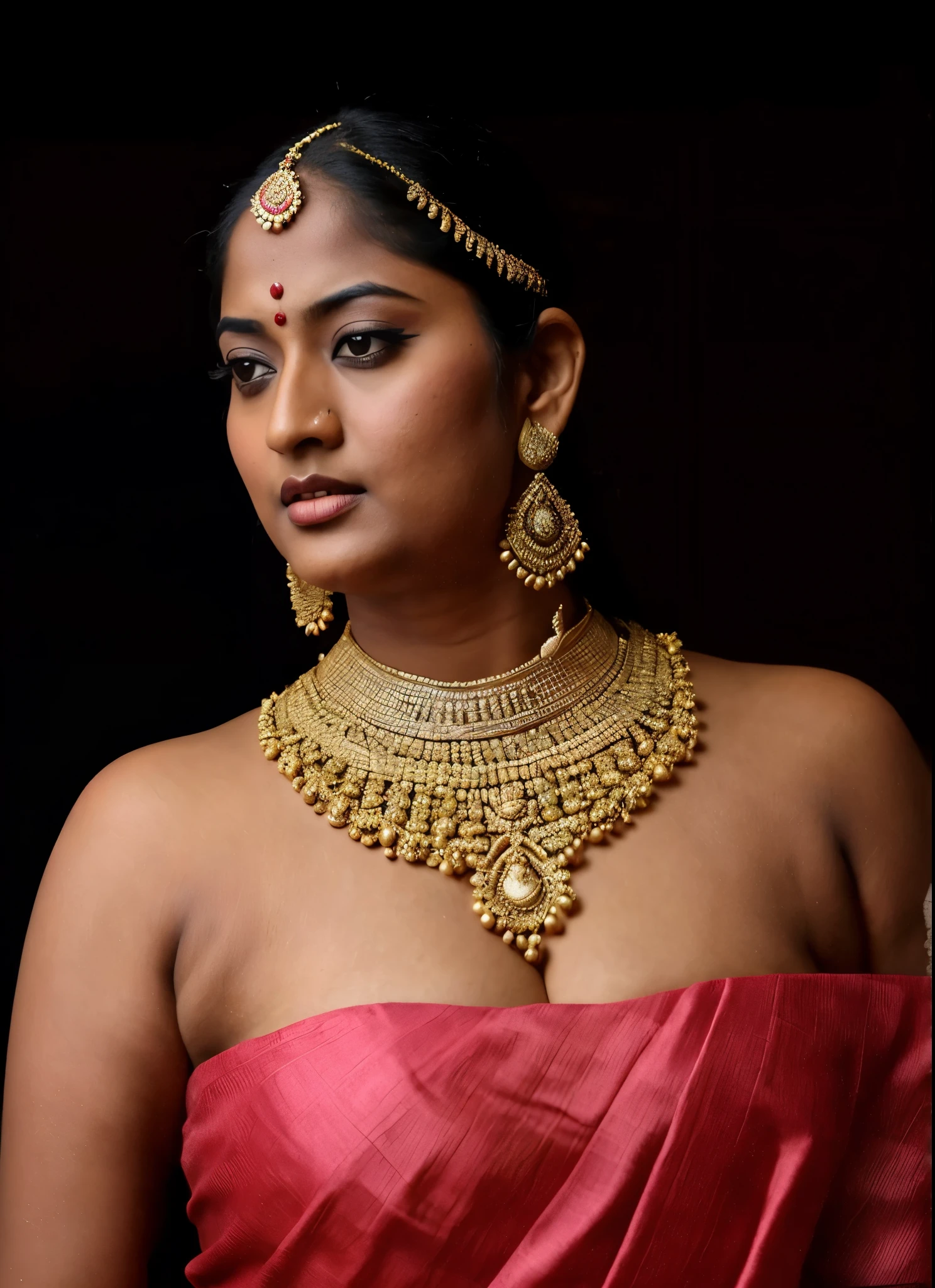 arafed woman in a pink sari, looks like Sandeepa Dhar, thick figure, curvy, traditional beauty, hindu aesthetic, assamese aesthetic, traditional makeup, indian goddess, indian girl with brown skin, wearing bihu dress mekhela sador, indian style, indian, gorgeous woman, south east asian with round face, a stunning portrait of a goddess, beautiful himalayan woman