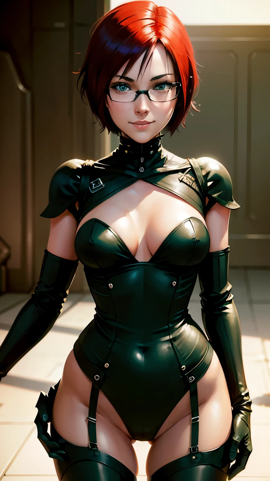 short hair, redhead, green-eyed, young, Cute, smiling lady with thin-framed glasses, dressed, like 2b from Nier machines