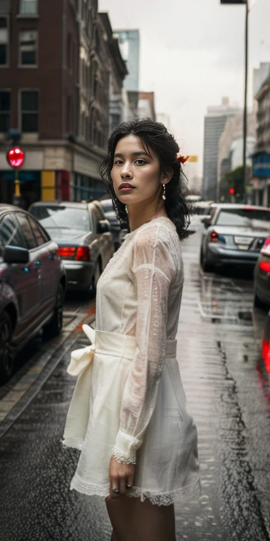 full body portrait,A beautiful woman,woman stands outside, sparkling skin, Ultimate luxury, Reflecting the rain, (standing outside in open next to street light)), the most beautiful woman on earth, (Her hair is long, She shines with natural radiance, radiant skin) , Stylish hairstyle, Perfect body,Medium breasts,thin waist,long legs,(sophisticated fashion、stripe、pattern、hollow、lace、colorful), An amazing woman, Her skin was wet, (Super fine节的夏装, fabric, (backlight)), (highest quality fabric texture), membranous, (surreal , Rainy days, atmosphere ,Soft accent light, Gorgeous Rembrandt style lighting, (Rembrandt Patch)), (highest quality wet fabric texture), matte dress fabrics, Her wet hair, surreal, Decorated with long eyelashes, The color of fireflies, A world of passion. meticulous,(fine grained), (最高細節肌膚紋理桃絨毛耳垂lifelike, water droplets) ○○ res – 超high resolution , The texture is very high (Water highlight resolution), lifelike的 hands and fingers – (lifelike美丽 4k) , 8K,Extreme details, close, She looks at the camera, tease, Her perfectly sculpted lips, lifelike, Highly realistic and natural lips. she is a, Vermeer, a work of art, Tempting. pamper.Solo woman, (highest quality fabric texture), Light-colored hair, every detail,Exquisite facial features, Masterpiece – Masterpiece ○○ Quality – (best quality) ,Leica film, High quality ○○ detailed – ○○ super detailed(Super fine ), lifelike的, Very detailed(Very detailed) , meticulous, (最高细节water dropletslifelike)○○ 解析度 – ○○ 解析度超high resolution(high resolution)