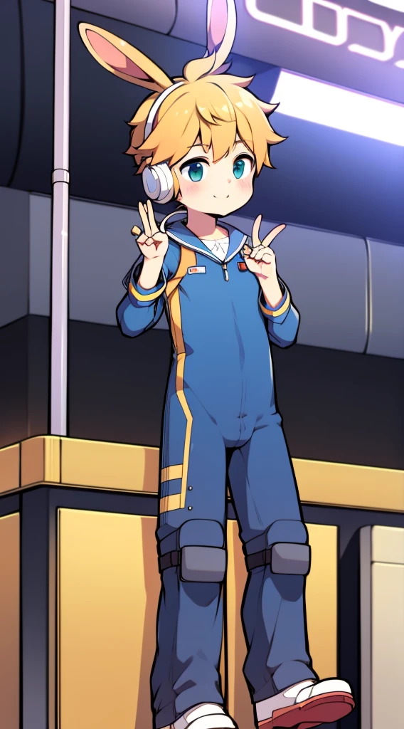 2D Boy Shota，One-piece mountaineering suit，Slim, healthy body，Put the headphones on your head，stand up，goggles，Rabbit ears，happy，sailor collar，v