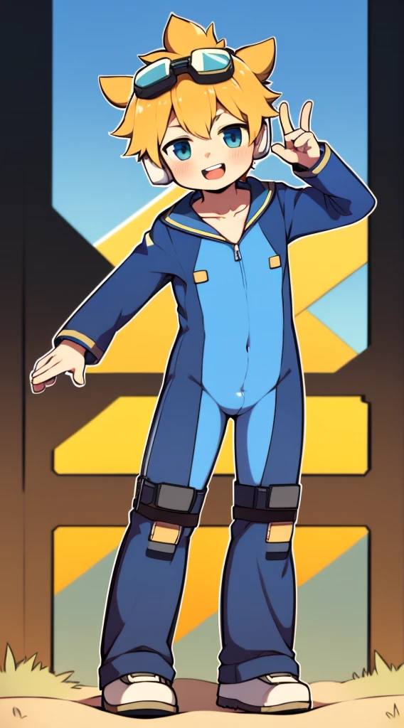 2D Boy Shota,One-piece mountaineering suit,Slim, healthy body,Put the headphones on your head,stand up,goggles,Rabbit ears,happy,sailor collar,v