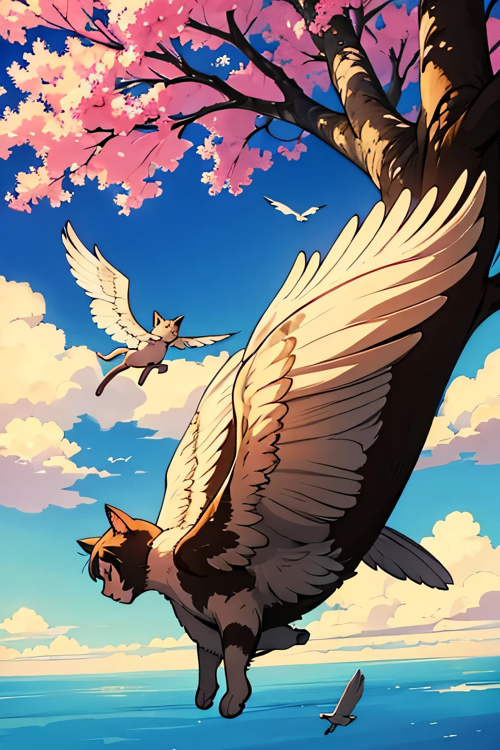 Memo the cat began to dream of flying like this bird. She didn't know how she could do it, but her dream was too strong for her to let go. Suddenly, Memo the cat decided to jump up and try to fly.
Memo the cat climbed as high as she could into a tree, but she soon discovered that flying was not that easy. The wind increased and things changed, and she found herself losing her balance and swaying in the air.