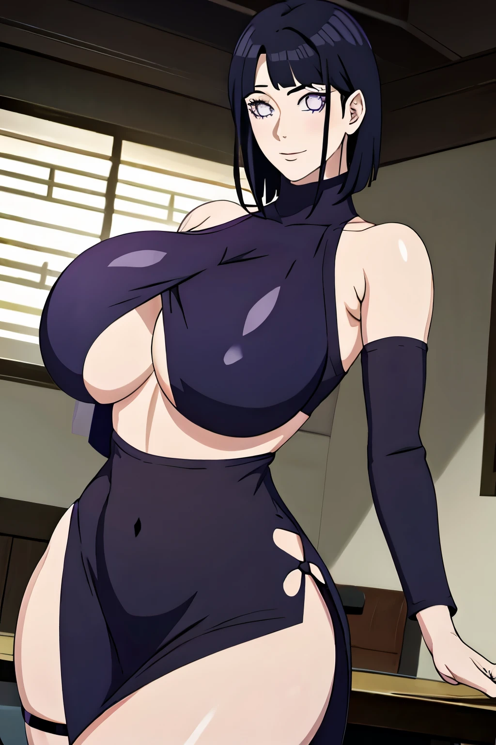 masterpiece, absurdres, hinata\(boruto\), 1girl, solo,mature female, short dress, perfect composition, detailed lips, gigantic breast, beautiful face, body propotion, short hair,  purple eyes,  soft gaze,  super realistic, detailed, photoshoot, realistic face and body,  (underboob : 1.4), black turtleneck, (gigantic breasts: 1.1), curvy, cowboy shot, bare shoulders, seductive smile, inside, nightclub