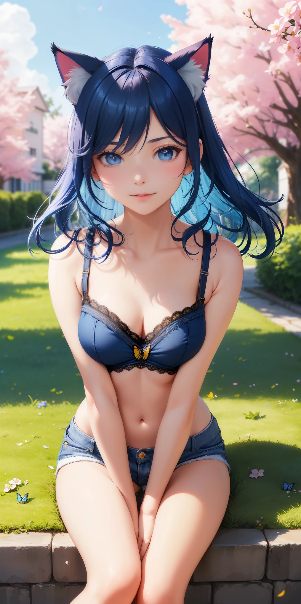 (((1 CatGirl, medium breasts))), ((cat ears)) solo, (((short wavy, blue hair color: 2.3, windblown))), blue eyes, lace crop top, short kawaii jeans and short, short strap, short, lace, looking at the viewer, luxurious, elegant, extremely detailed, pink lips, smiling, shy, feminine charm, blurry, beautiful sky, trees, garden, sitting on the grass, butterfly, beautiful flowers, depth of field, shy pose