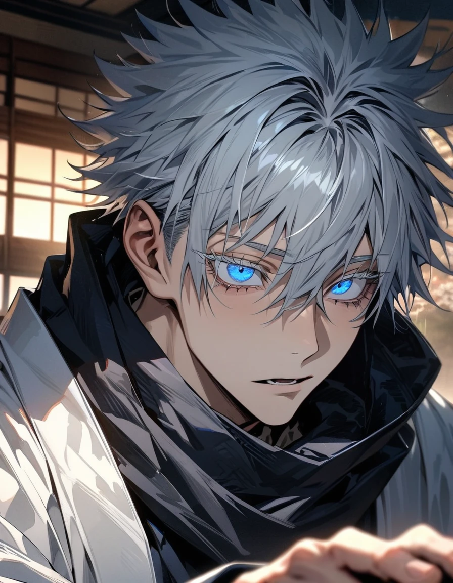 absurdres, highres, ultra detailed, HDR, master piece, best quality, Gojo Satoru, white hair, hair between the eyes, white eyelashes, expressive blue eyes, solo, 1man, handsome, Jujutsu Kaisen, white haori, black kimono, black scarf, Japanese traditional room, extremely detailed face and eyes