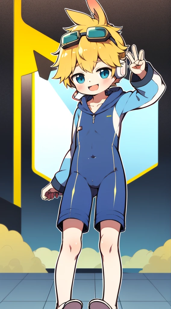 2D Boy Shota，One-piece mountaineering suit，Slim, healthy body，Put the headphones on your head，stand up，goggles，Rabbit ears，happy，sailor collar，v