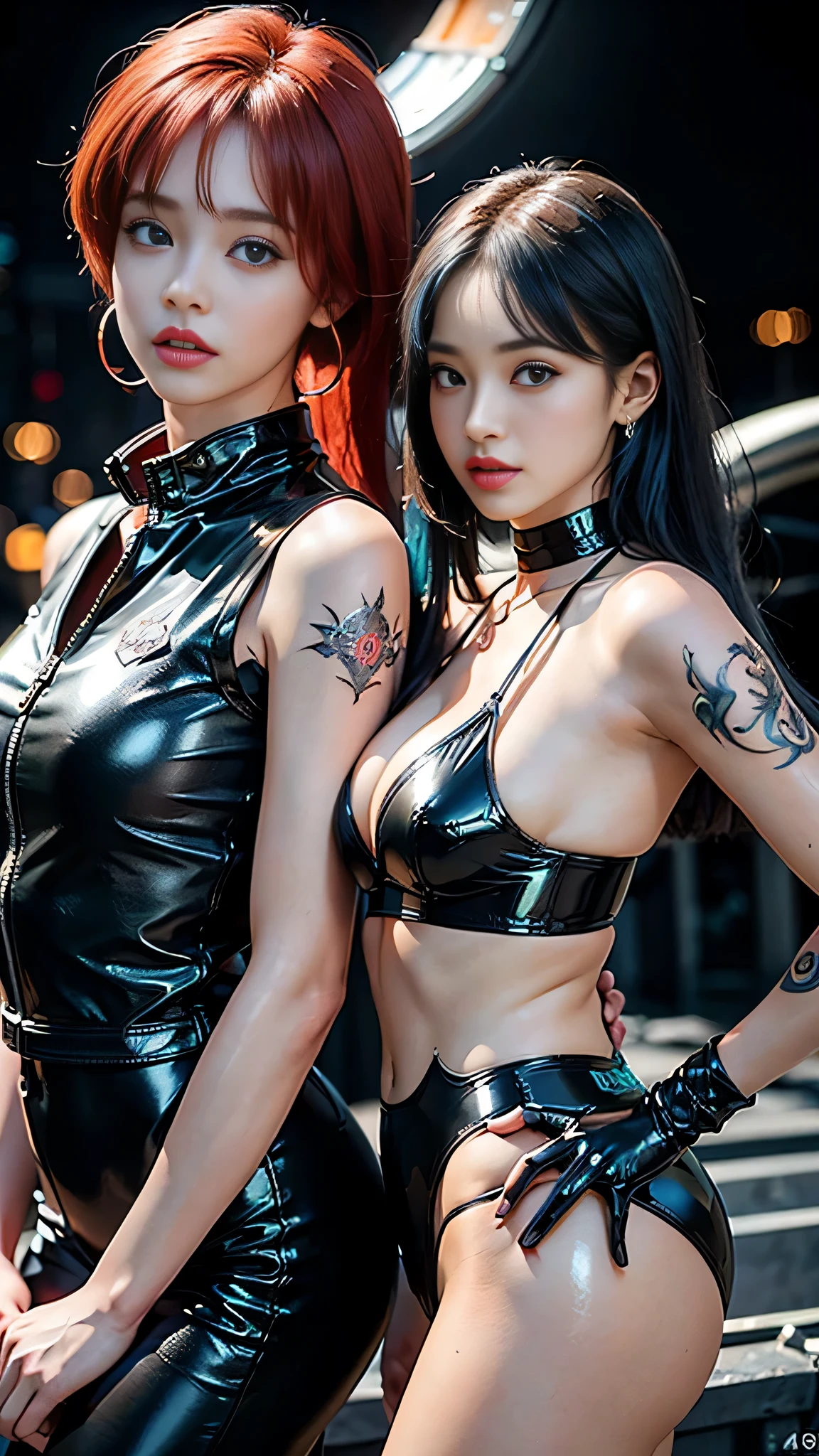 ((masterpiece:1.4)、(highest quality:1.4)、(realistic:1.7))、master piece:1.4、(Finest rendering:1.4)、beautiful girl dirty pair、(Beautiful Space Investigator Dirty Pair:1.4)、Kei and Yuri space investigator duo、(Kei and Yuri are cute girl names:1.2)、two investigators, Kei and Yuri stand side by side...、(Written by Luis Royo:1.4)、(hold a gun:1.2)、Body fit sexy investigator duo uniform、(Luxurious shiny latex:1.4)、(white sleeveless uniform jacket)、(Underwear Red Sexy Super Ultra Bikini)、(luxury red latex:1.4)、19 years old、(cute tattoo:1.4)、(wearing white gloves)、(two cute girls:1.4)、Super beautiful、sharp focus、portrait photography:1.4、8k、realistic photo images:1.4、(perfect female body:1.4)、perfect proportions、sexy couple、(Upper body photography:1.4)、beautiful face、(beautiful skin:1.4)、beautiful eyes、narrow waist:1.4、(9 life size beautiful style girl:1.4)、(Beautiful girl with long legs and good style:1.4)、beautiful feet、(Kei has red hair:1.4)、(Yuri has blue hair:1.4)、(long hair:1.2)、beautiful breasts、big breasts:1.2、sexy butt、Raw photo、red lips、red high heels:1.4、choker:1.4、necklace:1.4、earrings:1.4、1 screen display、cyberpunk city:1.2