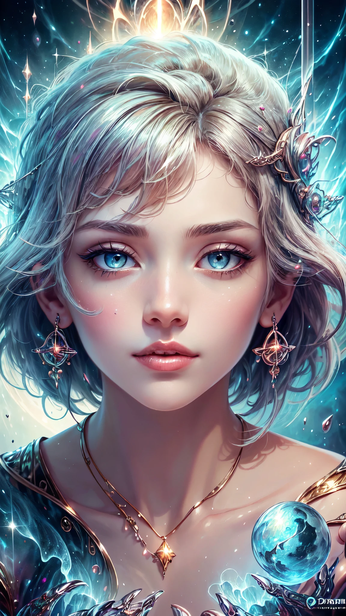 woman, detailed face, detailed eyes, detailed hands, Diving Into The Ether Flowing with The Eternal Soul Through Vibration of love, everything is connected, Flowing energy, Spiritual, Divine, Dreamlike, cosmic, concept-art, mind blowing, Feminine beauty, God, pineal gland, DreamlikeArt, magic, fantasy, detailed hands, detailed face