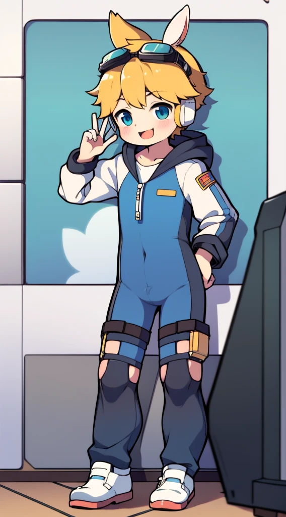 2D Boy Shota，One-piece mountaineering suit，Slim, healthy body，Put the headphones on your head，stand up，goggles，Rabbit ears，happy，sailor collar，v