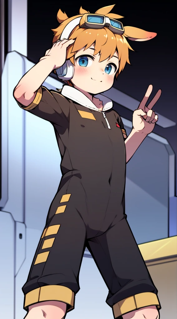 2D Boy Shota,One-piece mountaineering suit,Slim, healthy body,Put the headphones on your head,stand up,goggles,Rabbit ears,happy,sailor collar,v